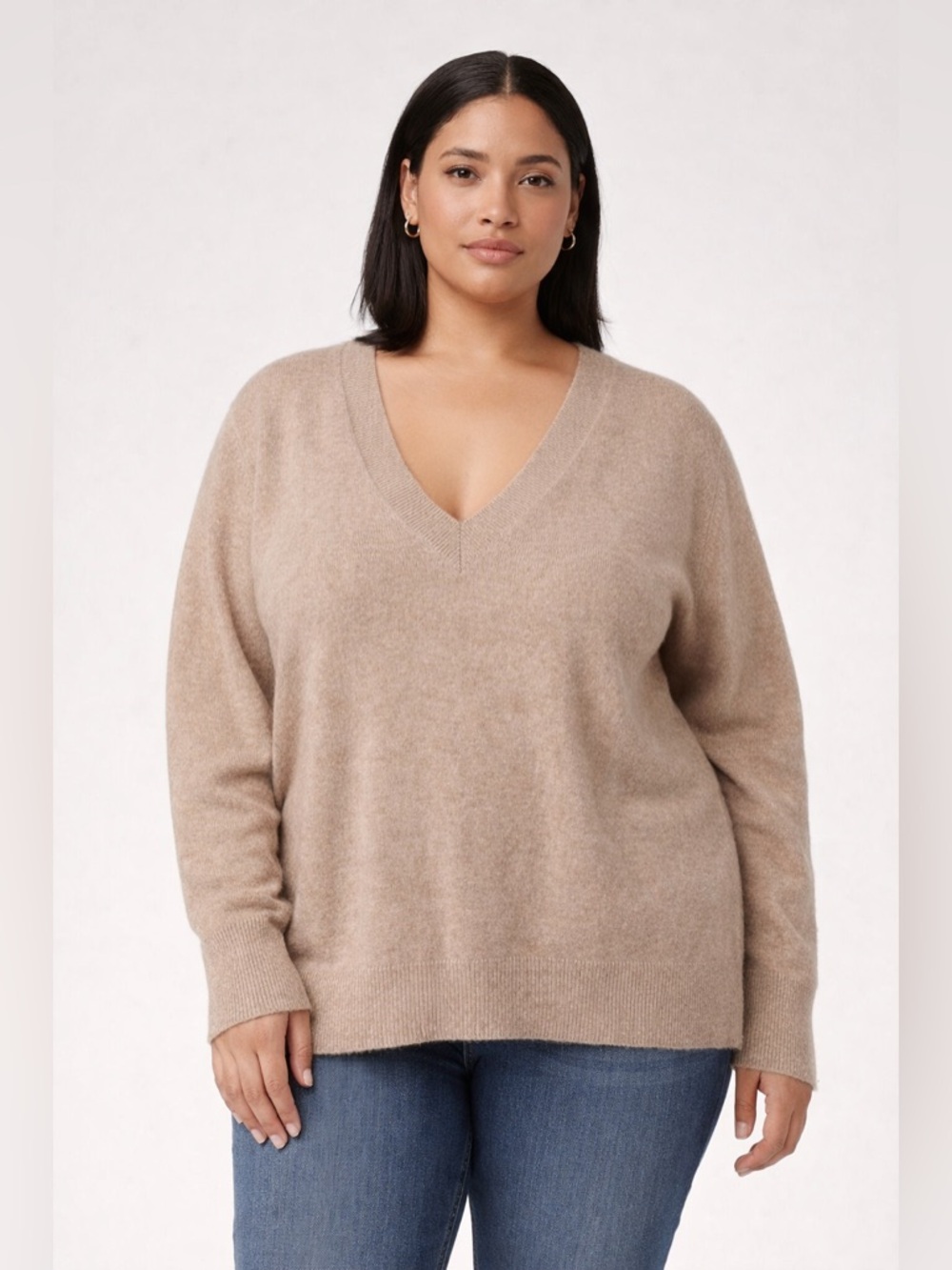 Universal Standard 100% Cashmere V-Neck Sweater Taupe 1X Soft Luxe Knit